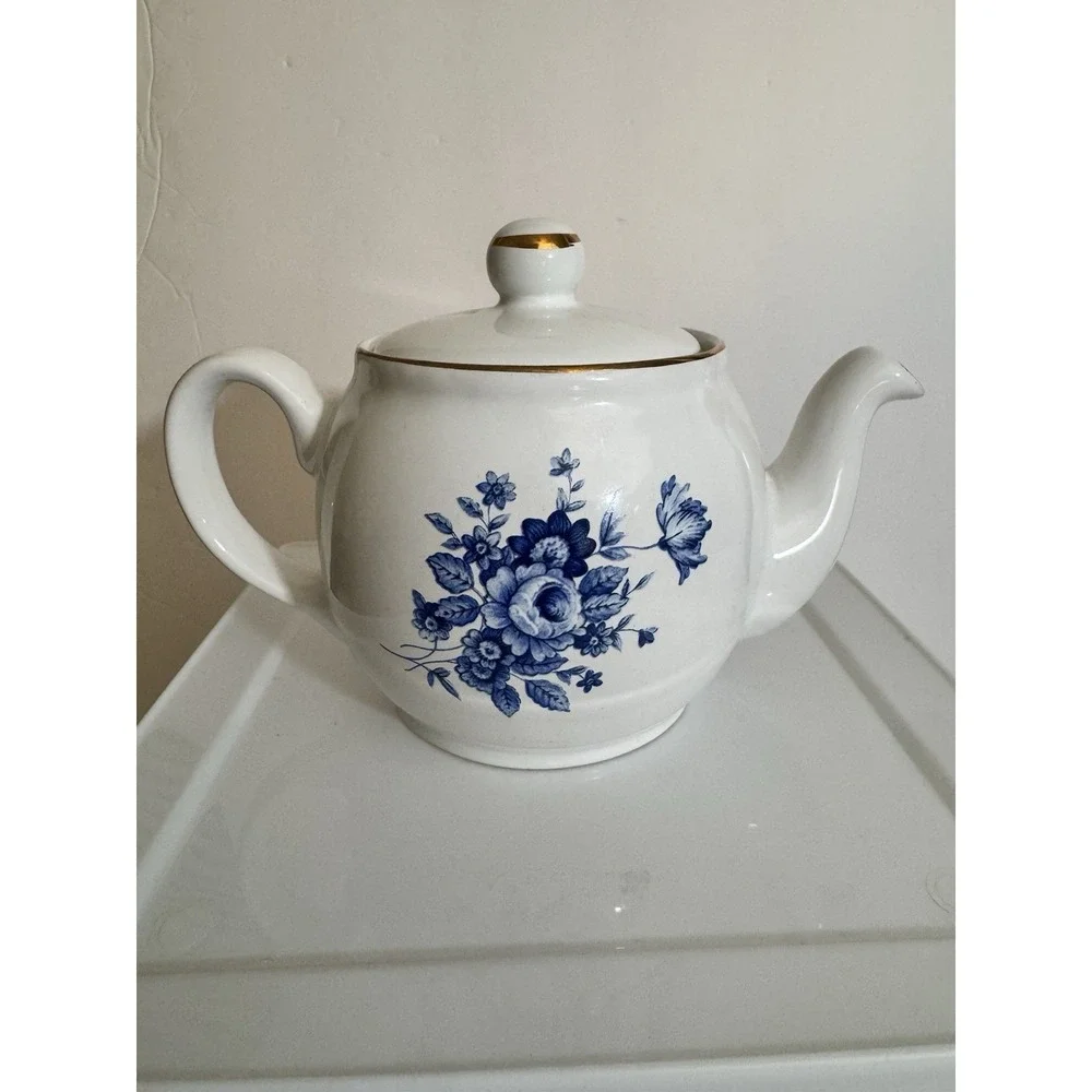Vintage Ellgreave White Blue Floral Teapot Ironstone Wood & Son Gold Trim 1950's
